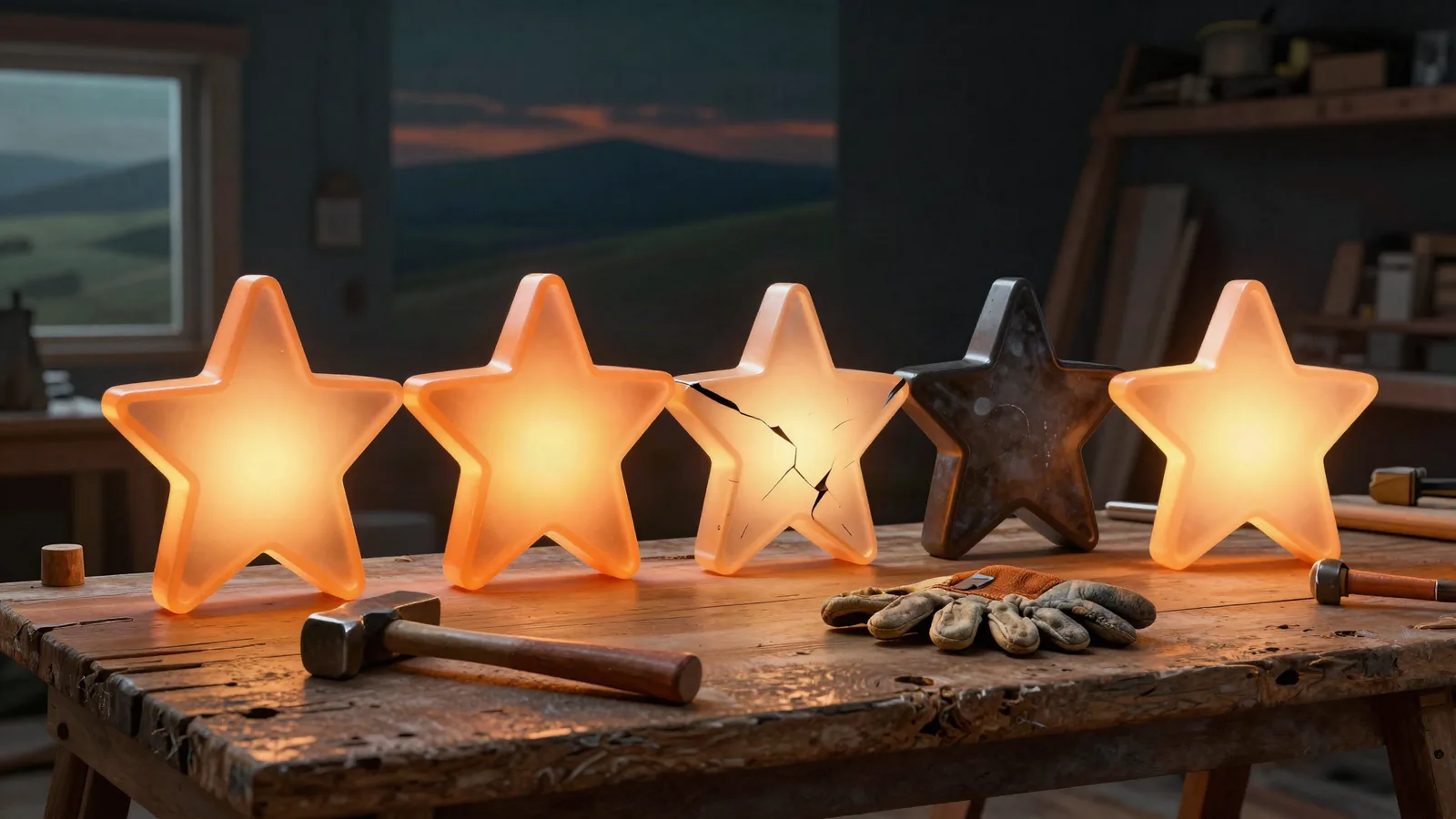 Five glass stars on a contractor's workbench, one cracked and one gone dark, next to a hammer and work gloves