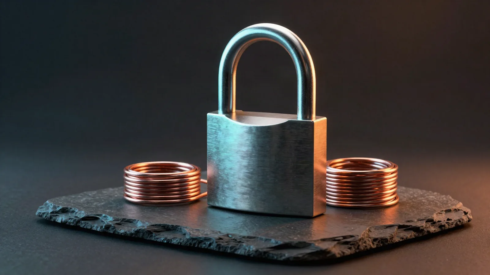 A closed steel padlock on a slate slab between two coils of copper wire, lit in teal and orange