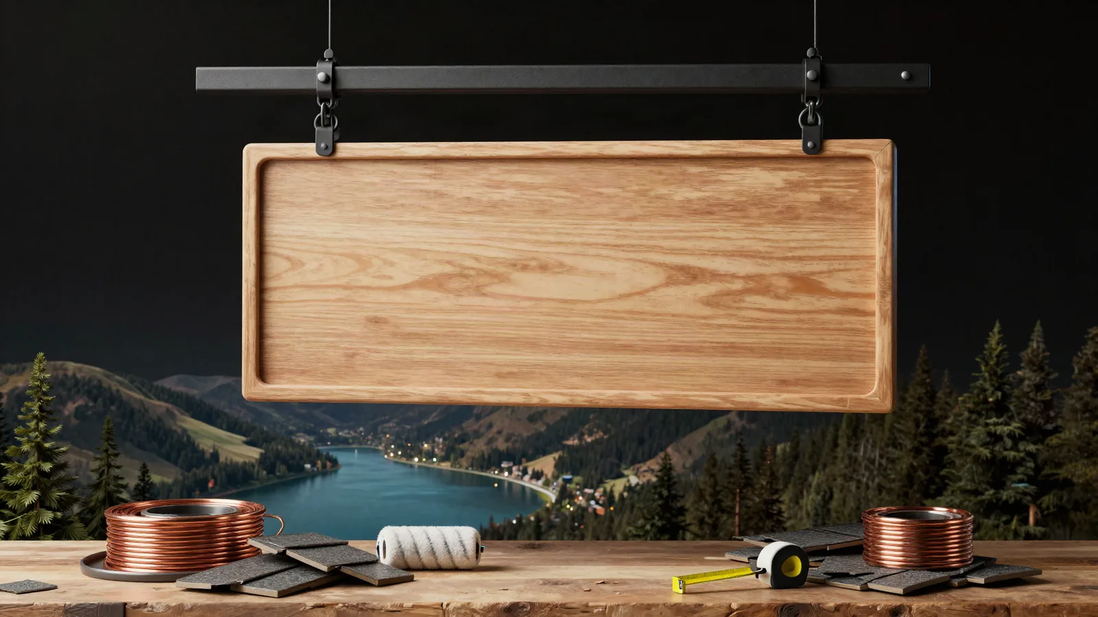 A blank wooden business sign hanging above a workbench with roofing shingles and copper pipe, in front of an Okanagan-style lake valley