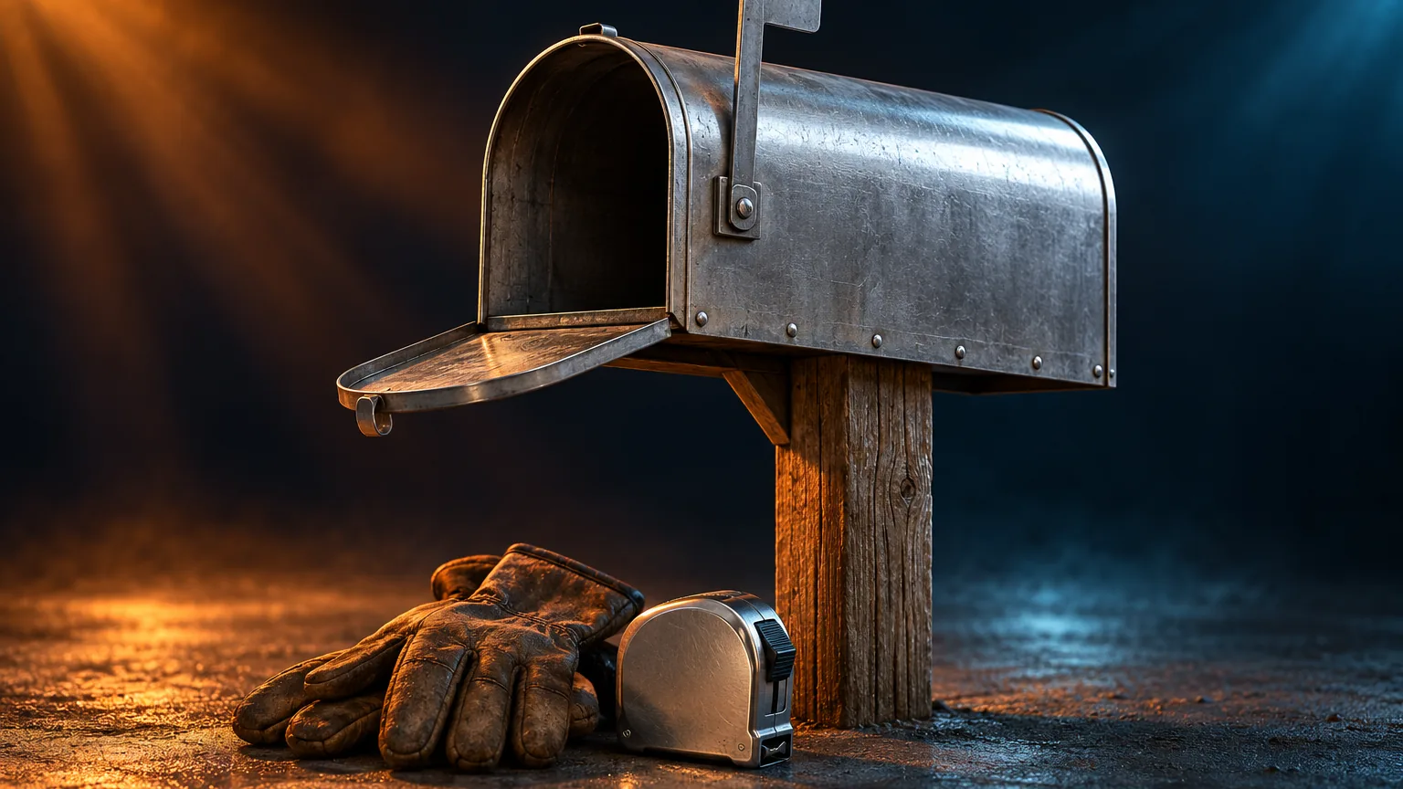 A plain steel mailbox on a wooden post with its door open, next to a pair of work gloves and a tape measure