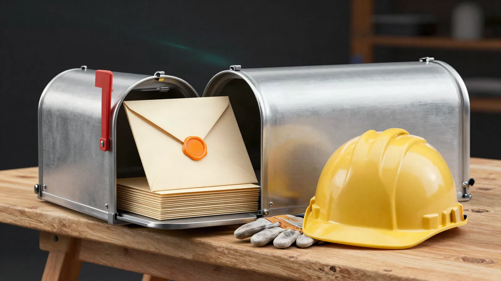 Two brushed-steel mailboxes on a wooden workbench with a stack of blank envelopes, the top one closed with an orange wax seal, beside a yellow hard hat and work gloves