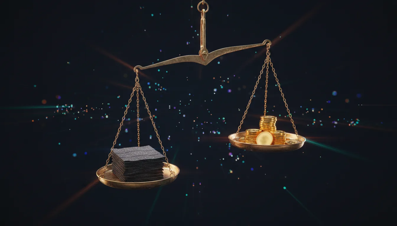 An antique brass balance scale floating in dark space, a thick stack of asphalt roofing shingles weighing down the left pan while a small stack of gold coins rides higher on the right, representing the extra work a financing offer wins measured against the fee it costs