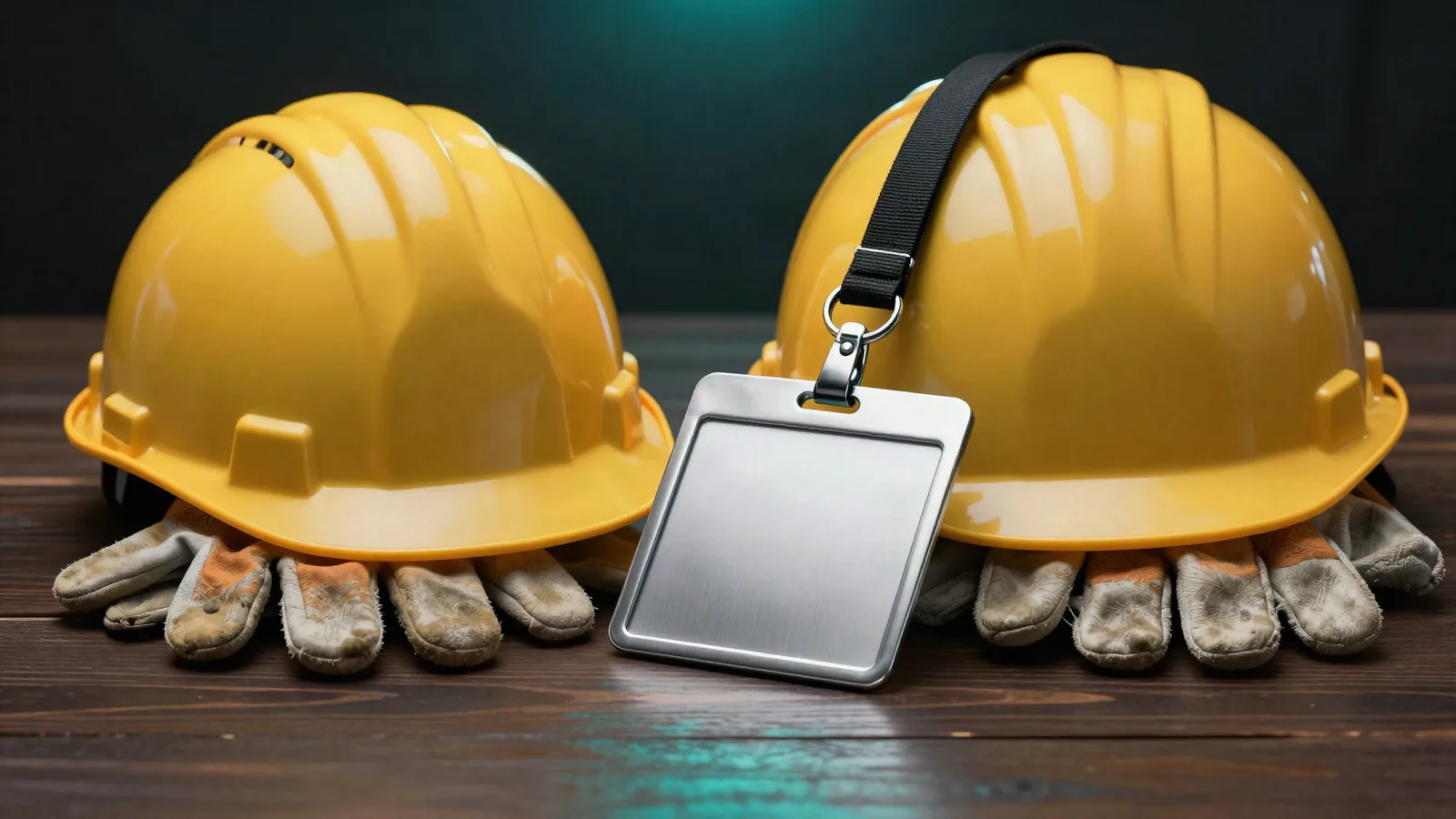 Two yellow hard hats and worn work gloves on a workbench, with a blank metal ID badge on a lanyard leaning between them