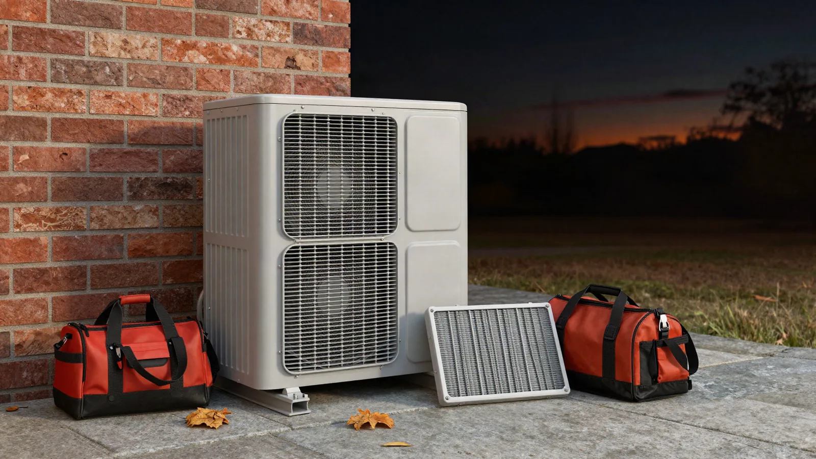 An outdoor air conditioner unit beside a brick wall at dusk, with two technician tool bags, a clean air filter and autumn leaves