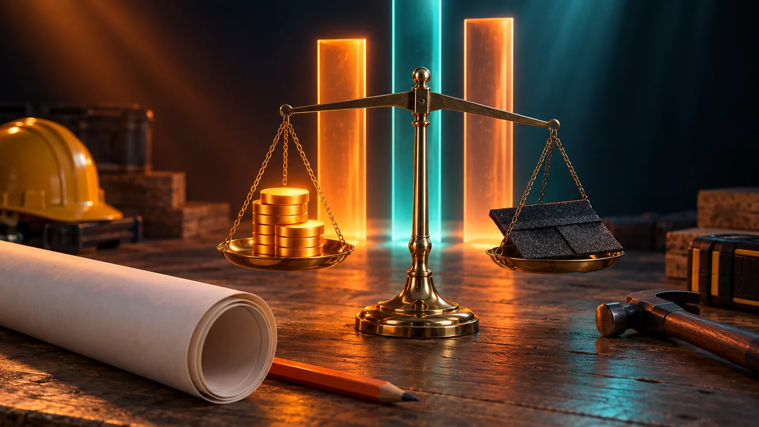 A brass balance scale on a contractor's workbench weighing a stack of glowing orange coins against a dark roofing shingle, with three glass columns of orange and teal light rising behind it like a bar chart, beside a rolled blueprint, a pencil, a hard hat and a hammer