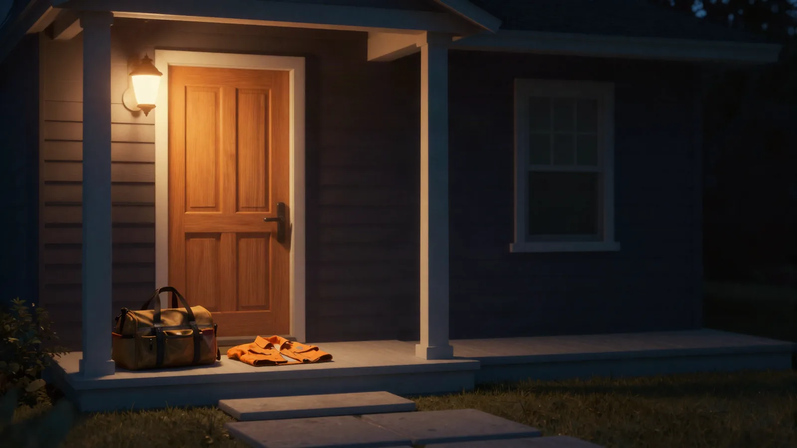 A house front porch at dawn with the porch light on and a contractor's tool bag and orange work jacket waiting by the front door