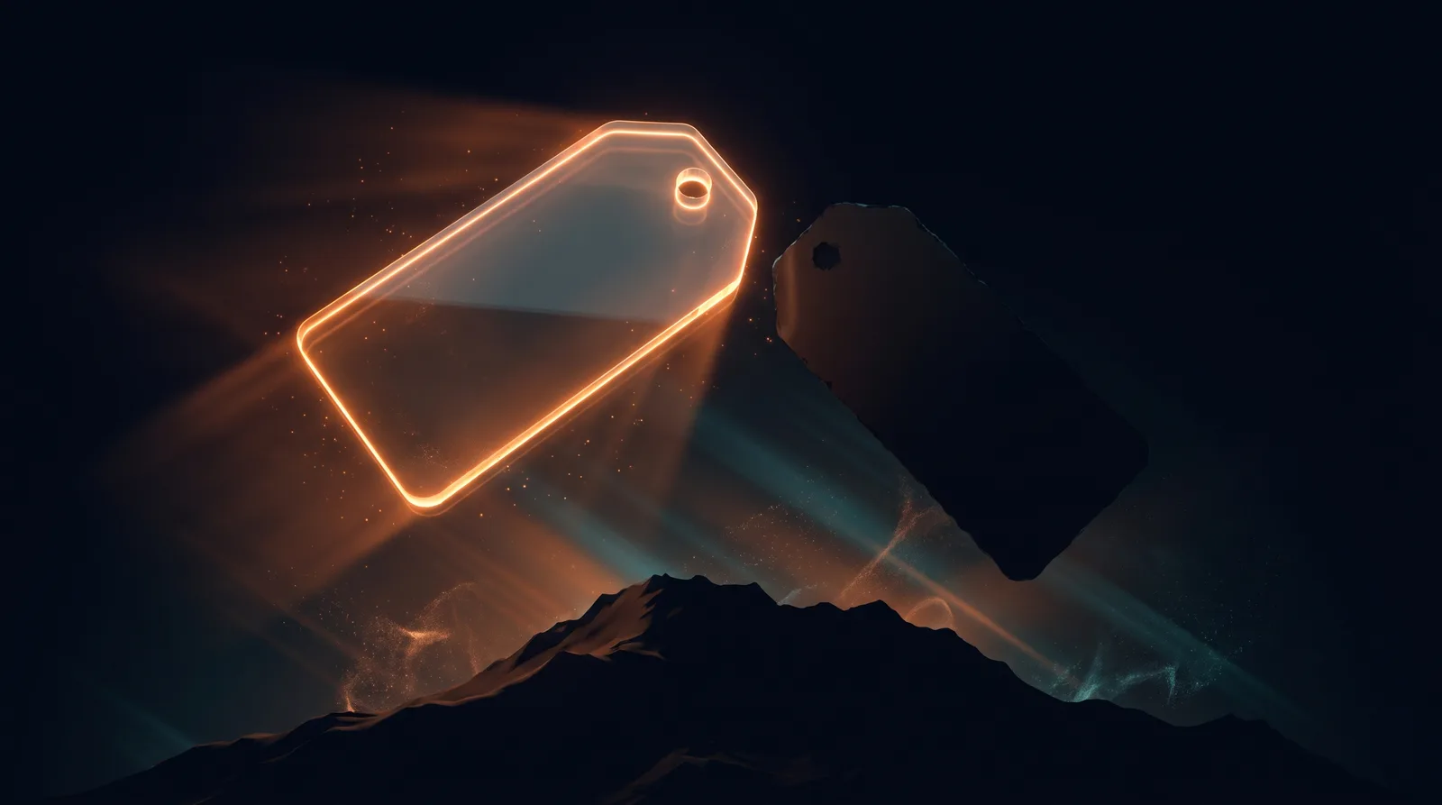 A glowing price tag suspended above a stylized mountain landscape at dusk, with a second empty tag beside it, representing contractors who publish pricing versus those who do not