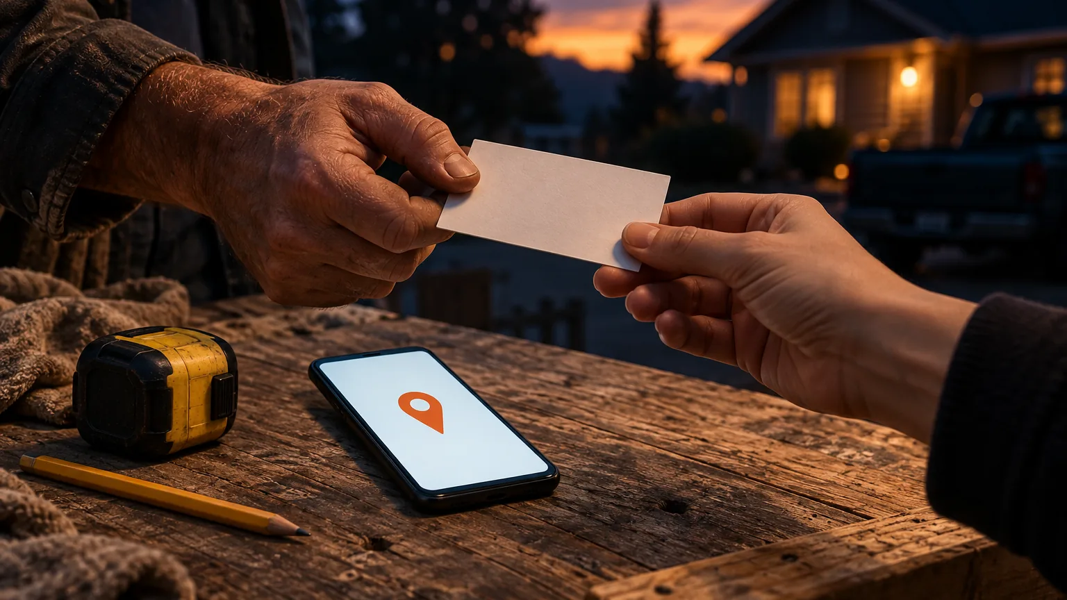 A contractor's weathered hand passing a blank business card to a homeowner across a wooden workbench at dusk, with a phone showing an orange map pin, a tape measure and a pencil on the bench, and a house with a porch light behind