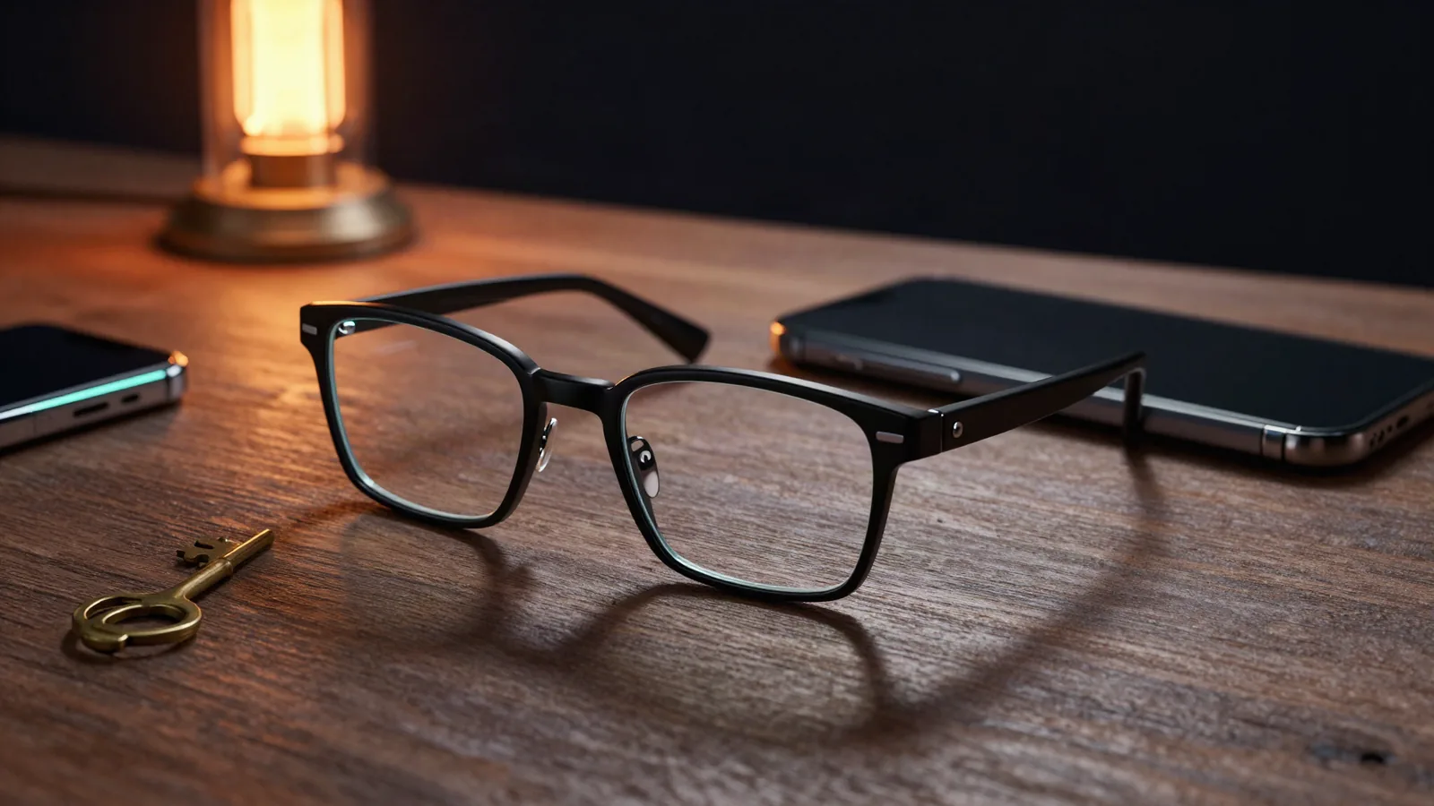 Reading glasses, two phones and a brass key on a dark wooden workbench under a warm lamp