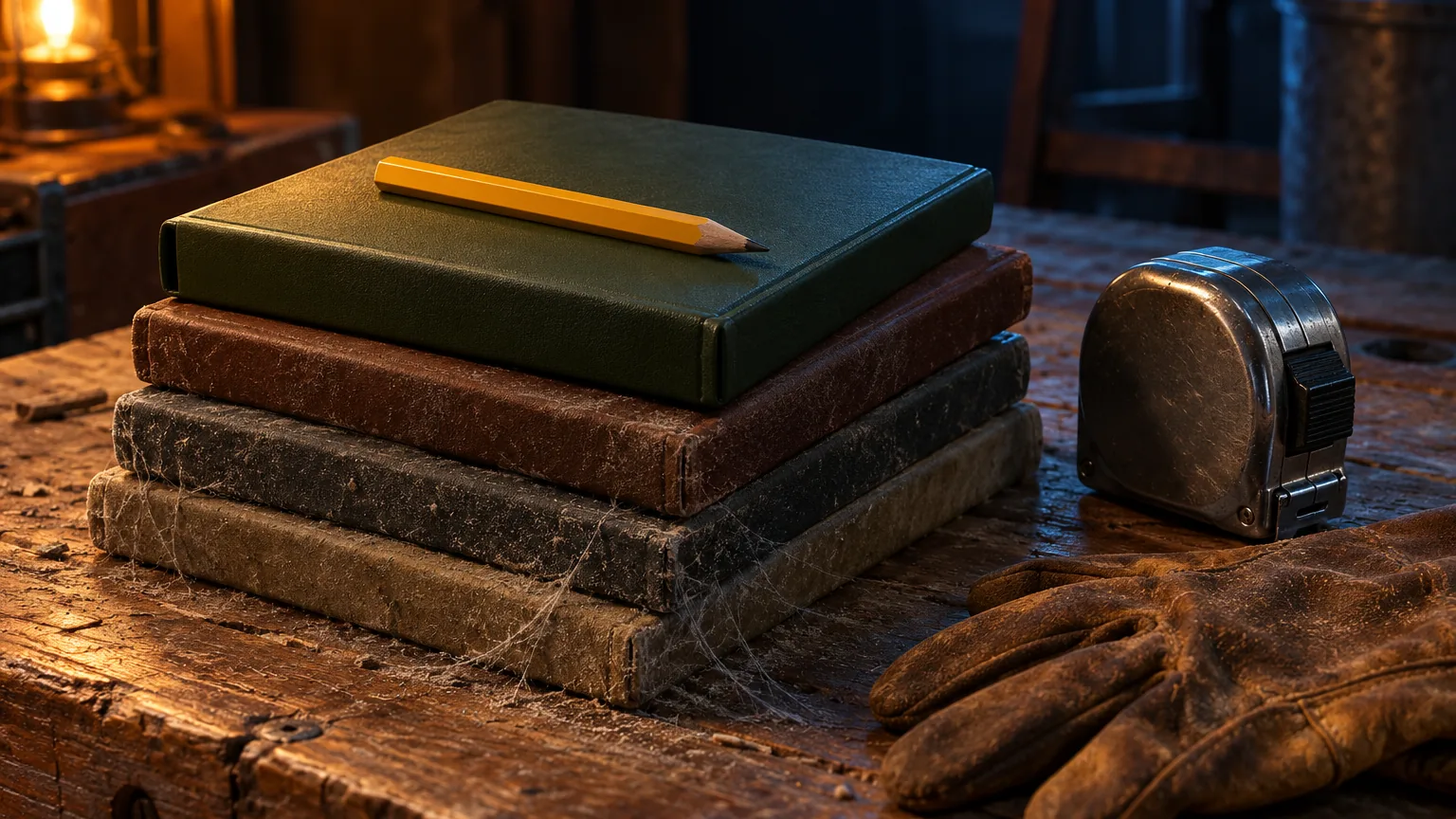 A stack of closed notebooks on a contractor's workbench, the lower ones covered in dust and cobwebs, with a pencil on top and a tape measure and work glove beside them