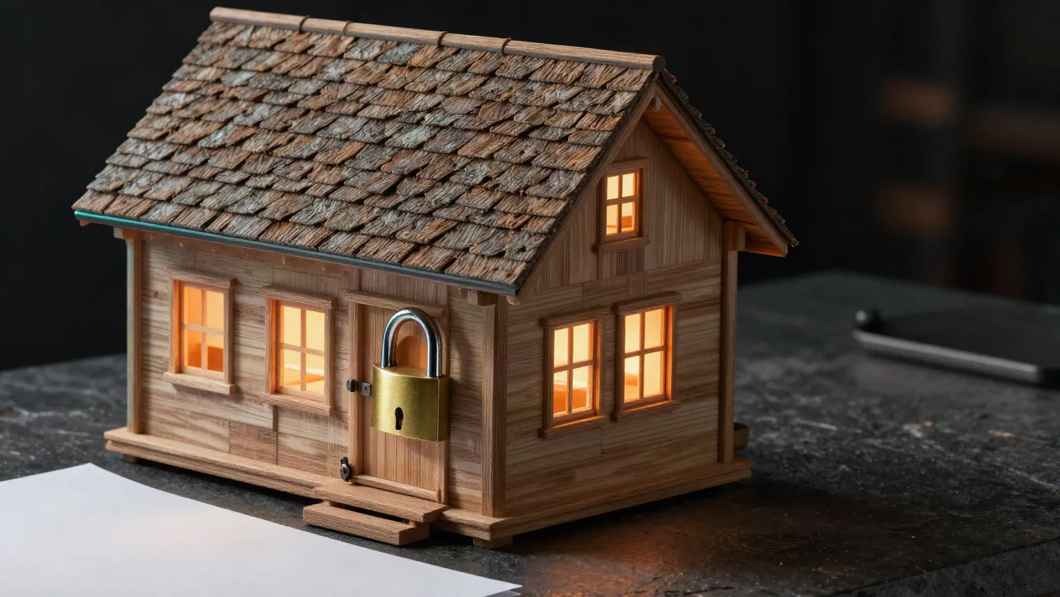 A small wooden model house with a brass padlock on its front door and warm light in its windows, on a dark stone workbench