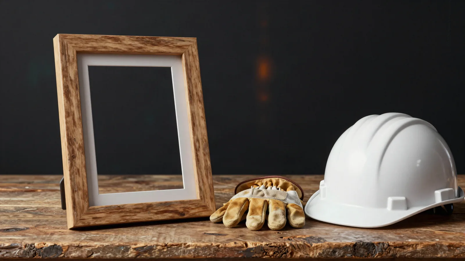 An empty wooden picture frame on a workbench beside a white hard hat and leather work gloves