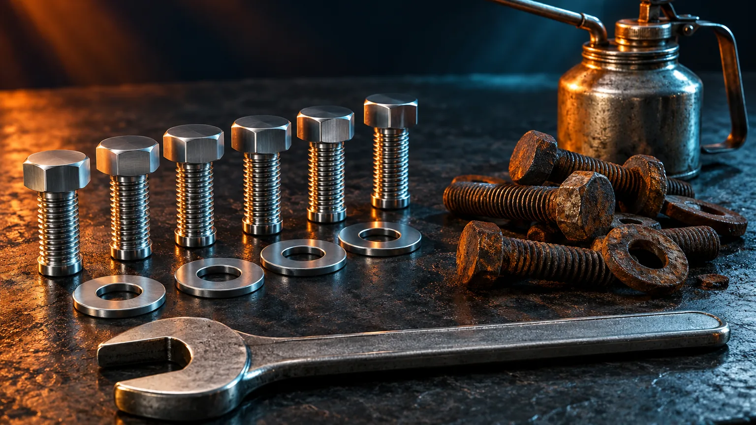 New steel bolts and washers lined up next to a pile of rusty old ones on a dark workbench, with a wrench and an oil can