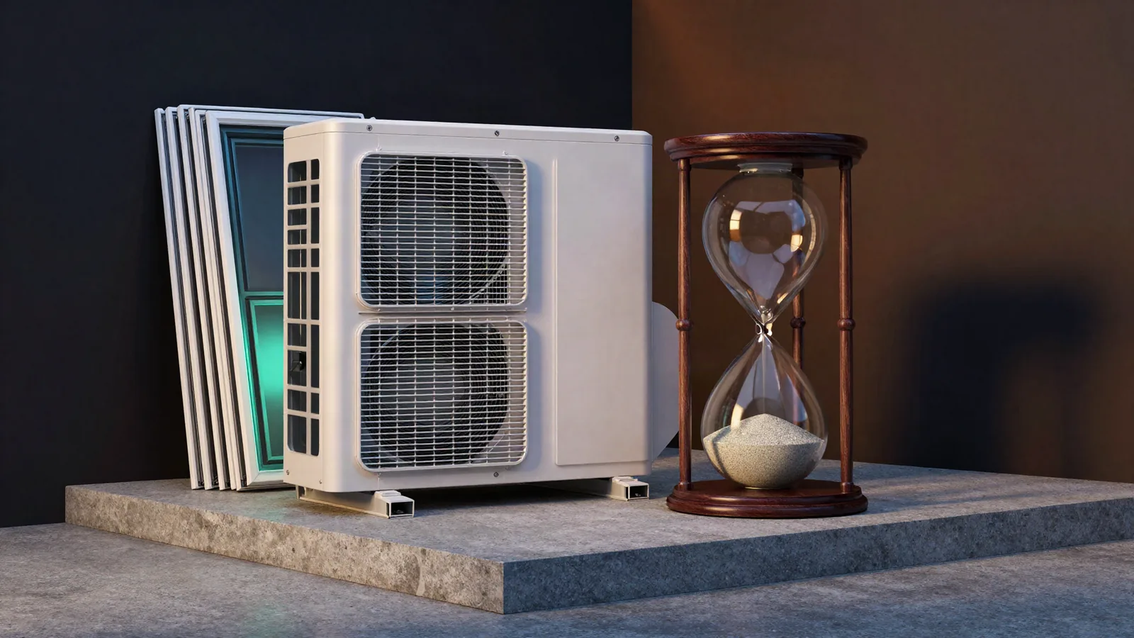 A modern heat pump unit on a concrete pad beside new window frames and an hourglass whose sand has run out