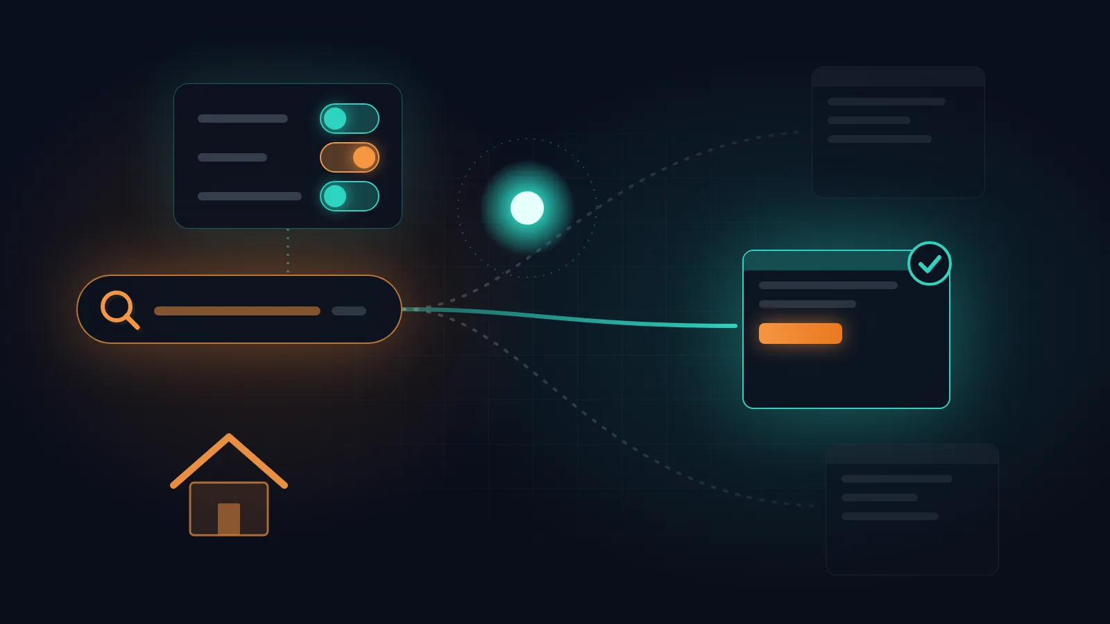 Holographic search bar sending ad clicks to a landing page, with AI Max feature toggles