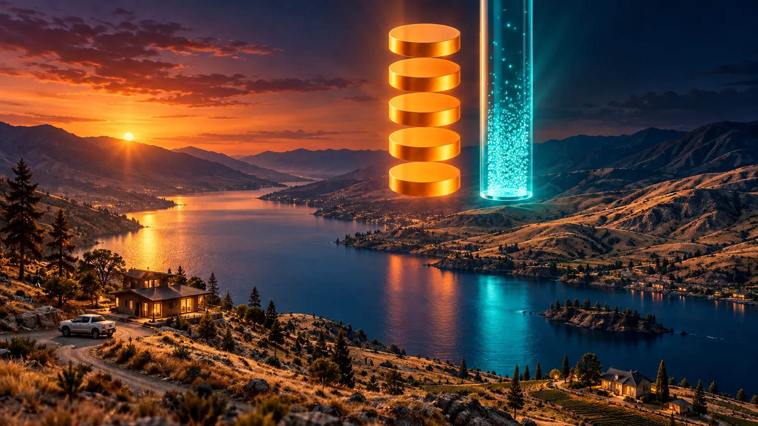 The Okanagan valley at dusk, a long lake between golden hills with houses and a contractor's pickup truck, with a floating stack of glowing orange coins beside a tall teal glass column of light, a picture of ad budget against limited search supply