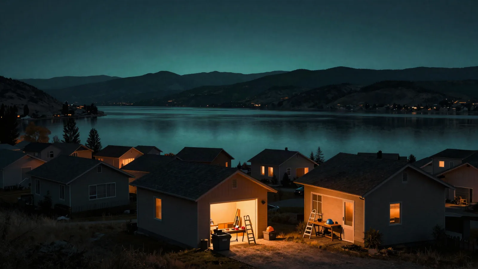 An Okanagan lakeside neighbourhood at dusk with dark houses and one contractor's garage still lit