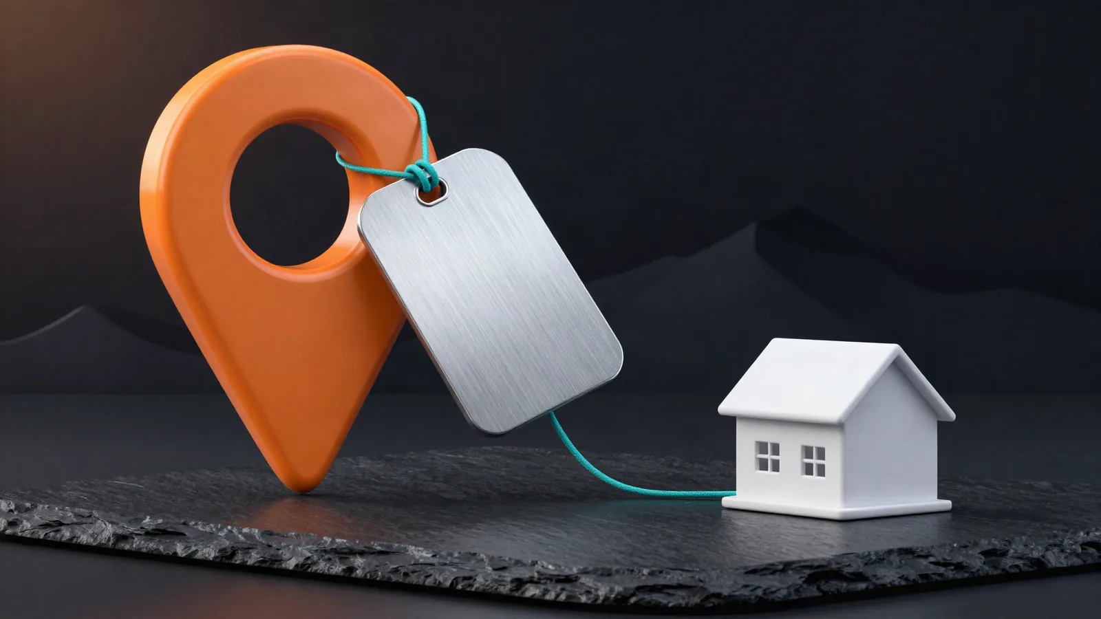 An orange map pin with a blank steel tag tied on by a teal cord that runs to a small white model house