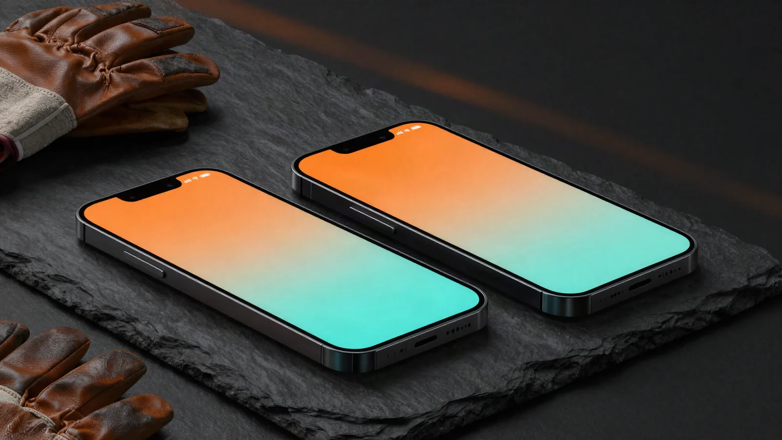 Two smartphones lying side by side on a slate workbench next to leather work gloves, their screens glowing orange and teal