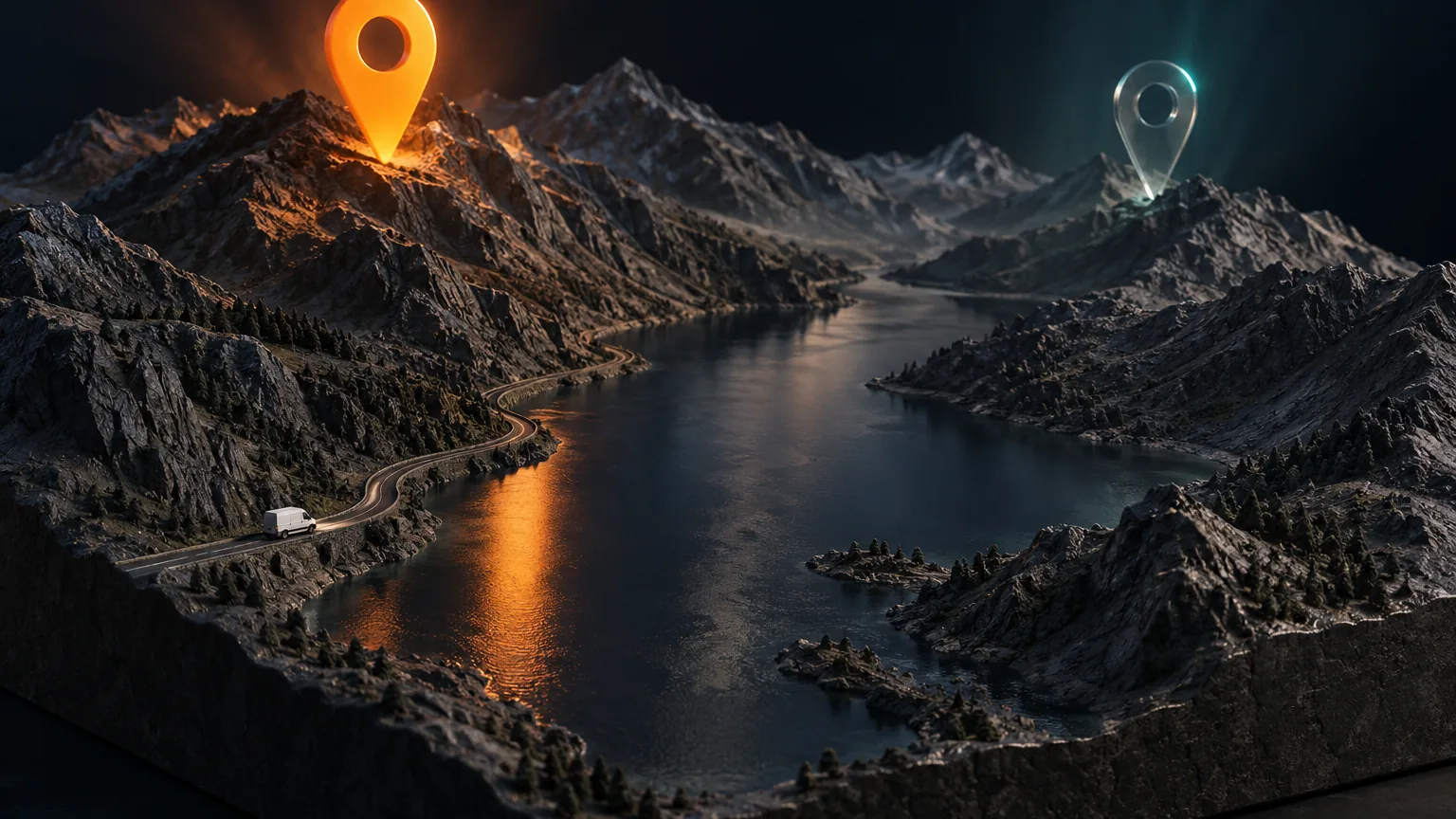 Relief model of a mountain valley with a solid orange map pin and a hidden glass map pin, for a post on hiding your address on Google