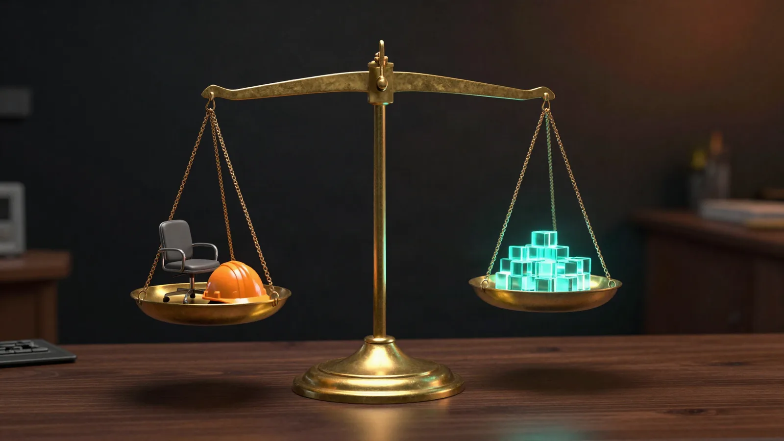 Brass balance scale weighing a small office chair and an orange hard hat against a cluster of glowing teal cubes, for a post on hiring a marketer or an agency