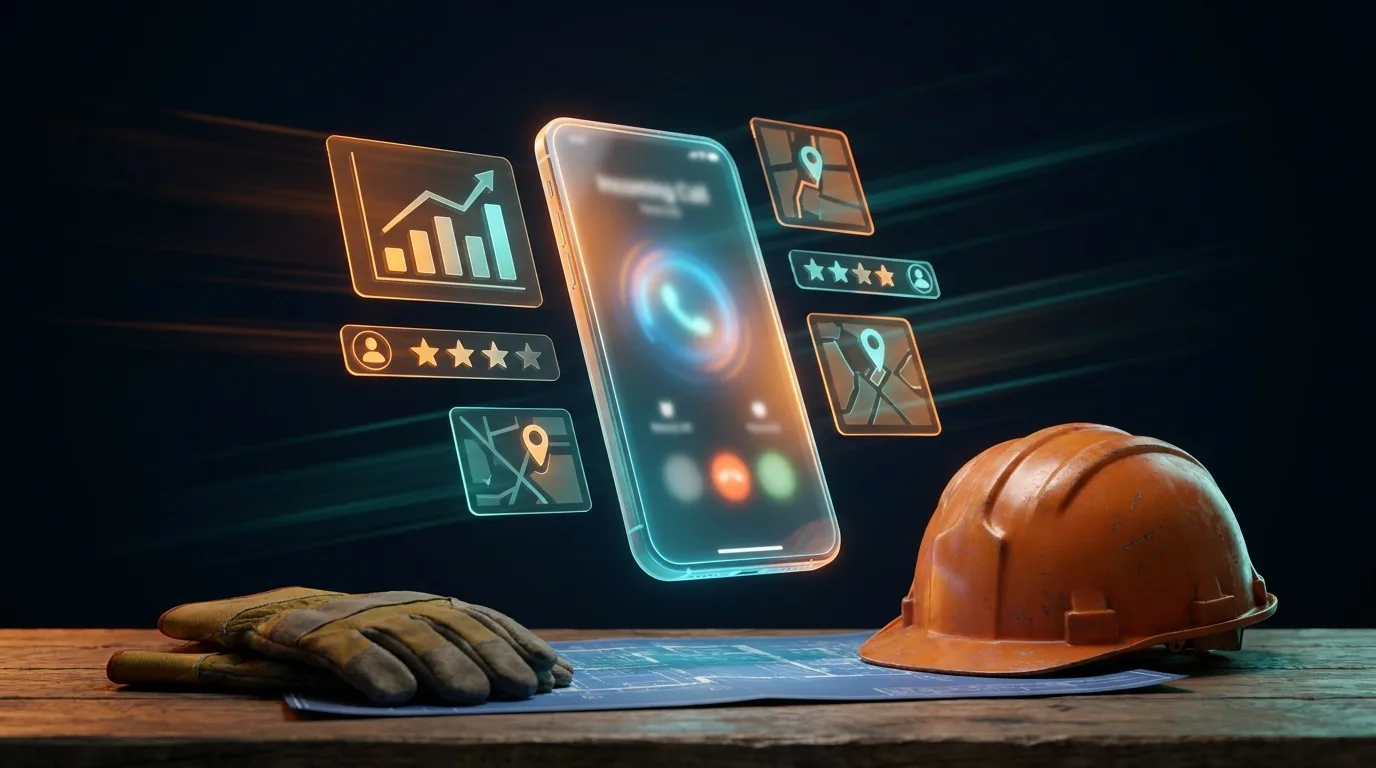Contractor answering a phone call beside a holographic Google Local Services Ads ranking dashboard in 2026