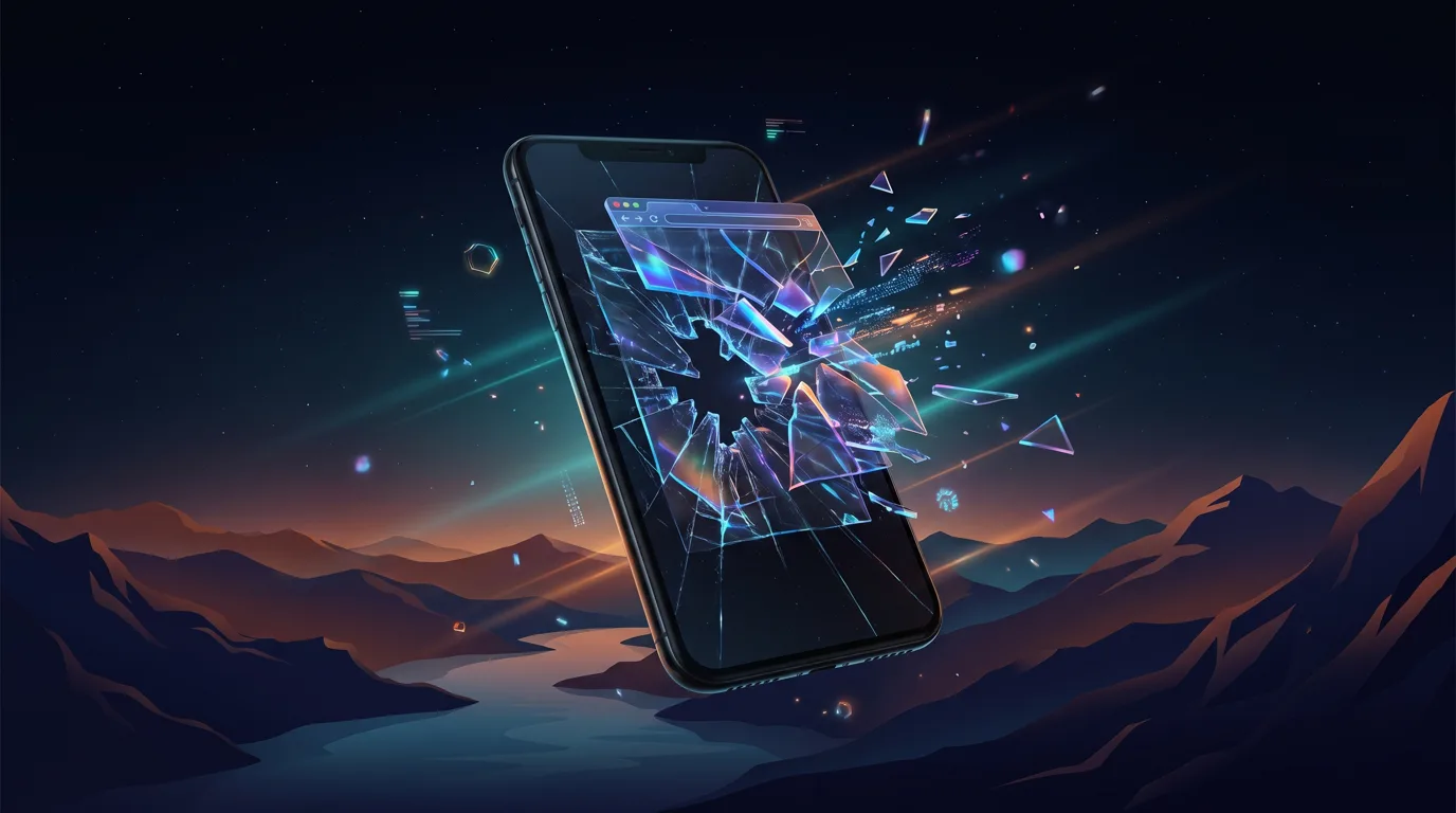A smartphone showing a website error page held against a stylized Okanagan mountain valley at dusk, representing the one in ten local trades whose website is missing or broken