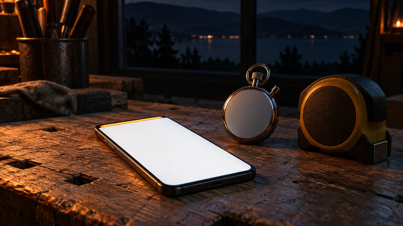 A smartphone lying on a weathered contractor workbench at night, its screen a blank glowing white rectangle as if the page is still loading, beside a chrome stopwatch and a tape measure, with a lake and hills visible through the window behind