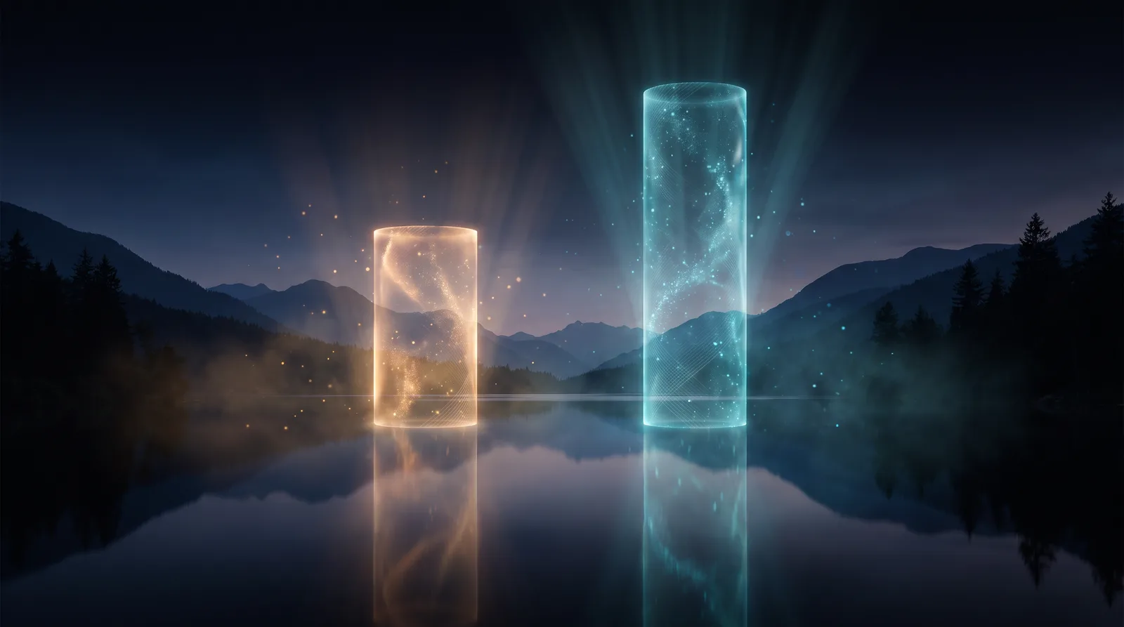 Two glowing columns of unequal height rising above a stylized Okanagan lake and mountain landscape at dusk, representing the review gap between Vernon and Kelowna