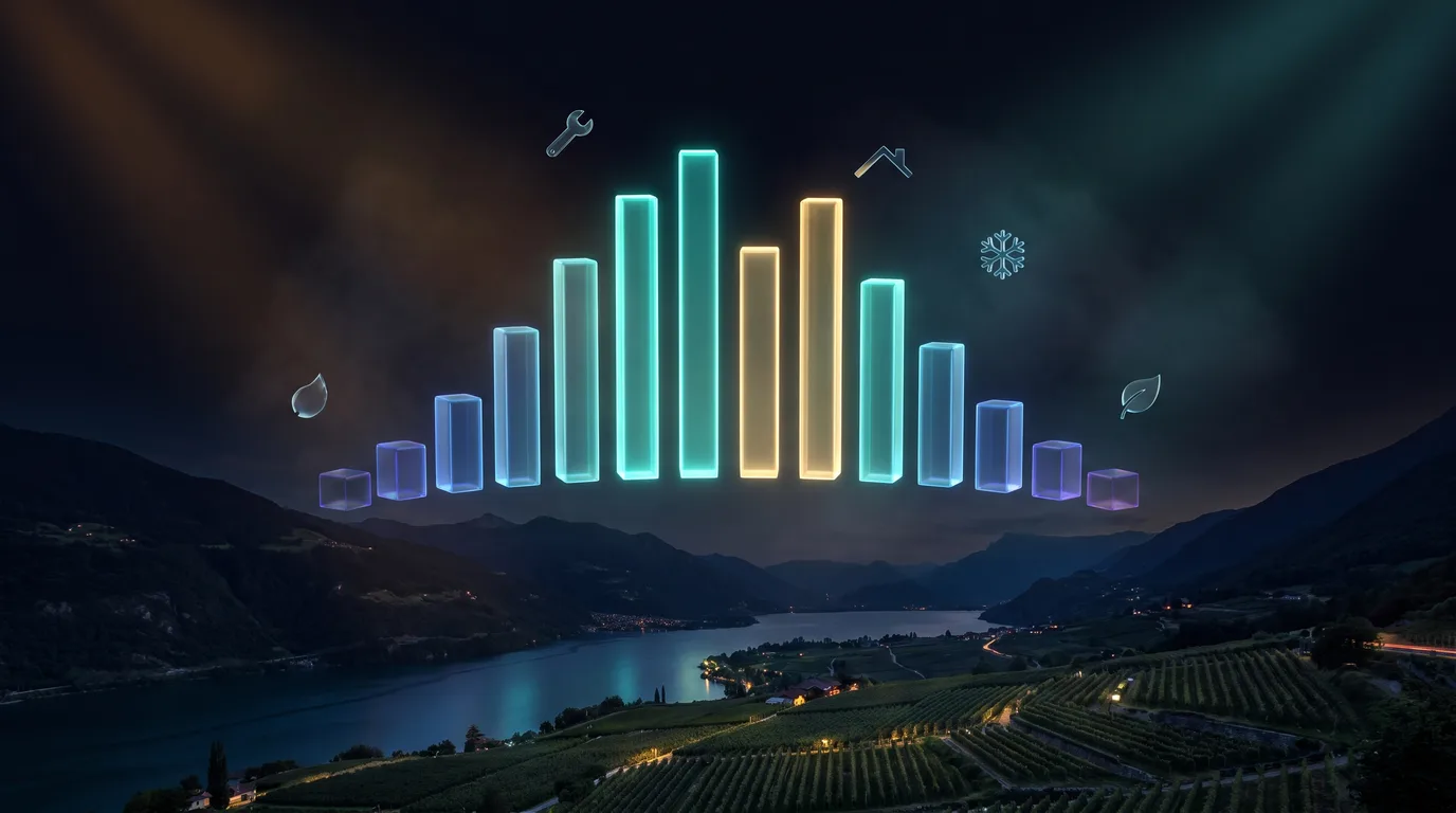 A glowing holographic twelve-month bar chart floating above a night-time Okanagan valley and lake, the spring bars tallest and the winter bars lowest, with small trade icons orbiting it, representing when Okanagan homeowners search for each trade