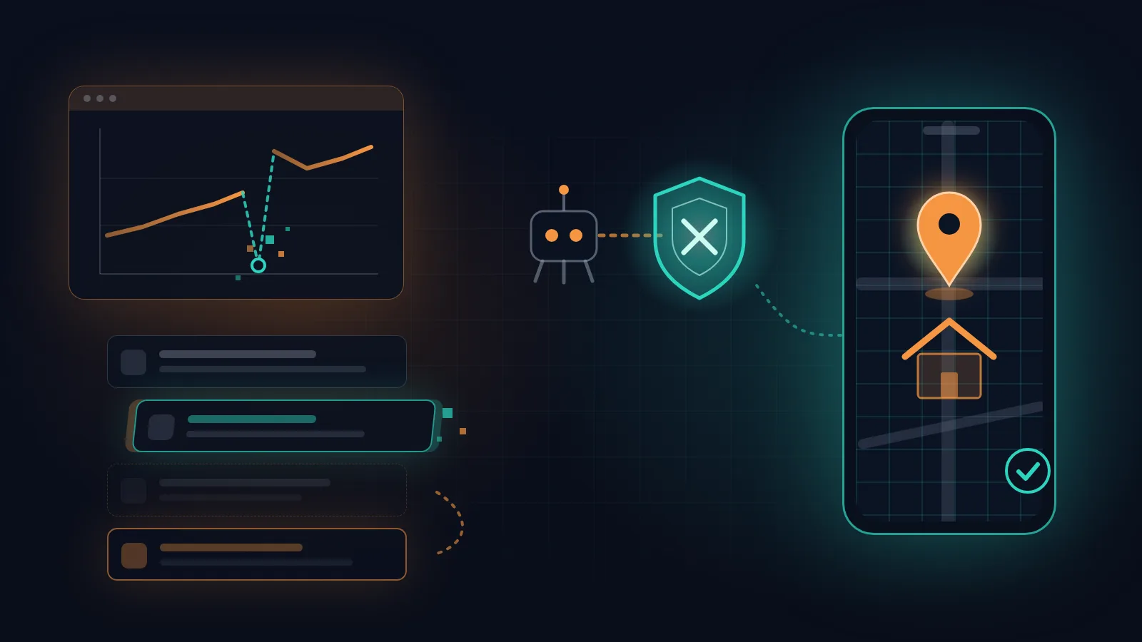 Rank-tracking chart with a glitched reading, a scraper bot blocked by a shield, and a phone showing a map pin over a house