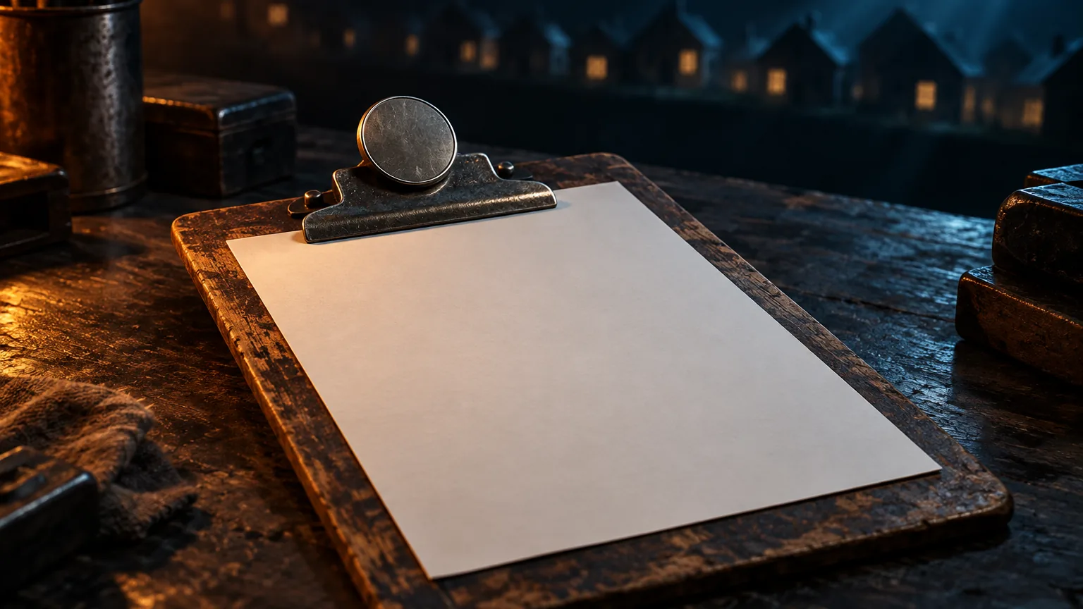 A weathered wooden clipboard holding a blank estimate form on a dark workbench, a single coin resting on the clip where a signature would go, lit from one side, representing the fee a contractor is deciding whether to charge for an estimate