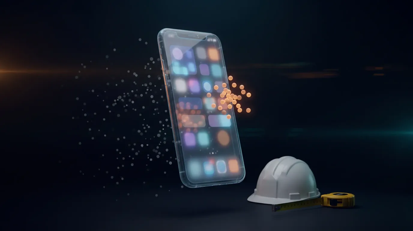 A holographic smartphone showing a contractor's social media feed floating above a work truck, with most follower icons fading into the dark and only a few glowing, representing organic social reach for contractors
