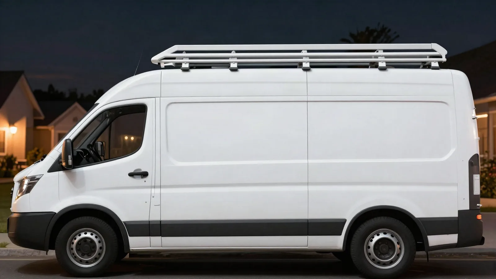 A plain white work van with a ladder rack and a blank side panel, parked on a suburban street at dusk
