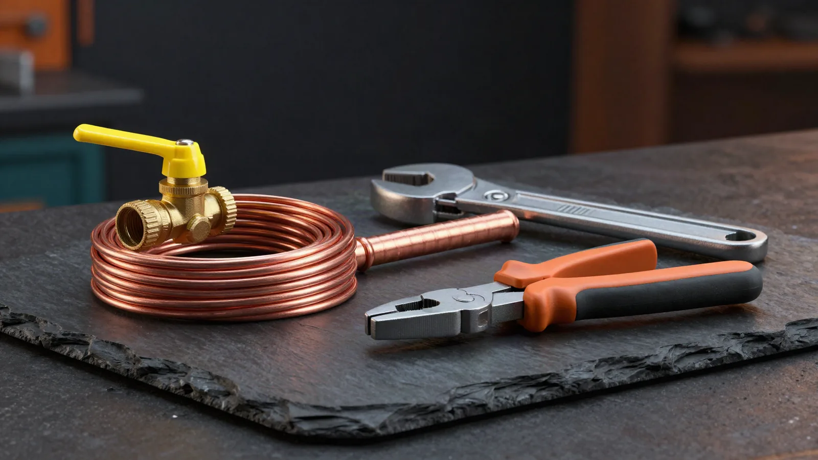 A coil of copper wire, a copper gas pipe with a yellow shut-off valve, a pipe wrench and insulated pliers on a dark slate workbench
