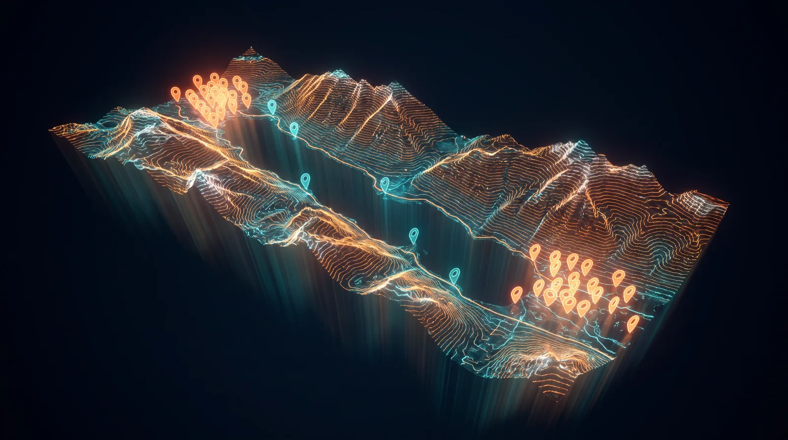 Holographic topographic map of the Okanagan valley with dense clusters of location pins at Vernon and Kelowna and only sparse pins in the corridor towns between them