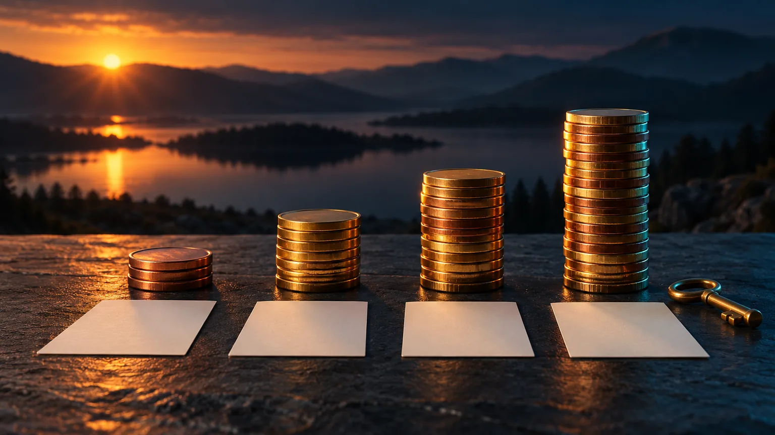 Four stacks of coins rising in height on a dark stone table beside blank cards and a brass key, with a lake and hills at sunset behind