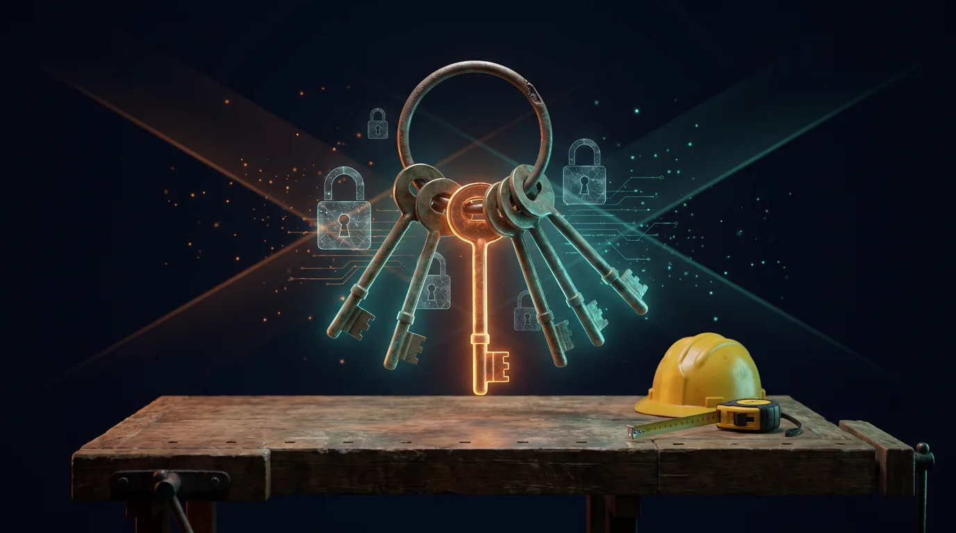 A ring of old brass keys floating above a contractor's workbench, one key glowing orange, with holographic padlocks around it and a yellow hard hat and tape measure on the bench, representing who holds the keys to a business's Google Ads account, domain and Business Profile